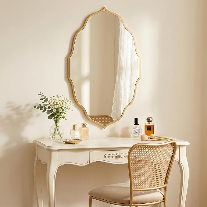PERFNIQUE Gold Scalloped Wall Mirror, 32''×20'' Wavy Oval Mirror for Bathroom, Large Decorative Mirror for Entryway, Bedroom & Living Room, Hanging or Leaning