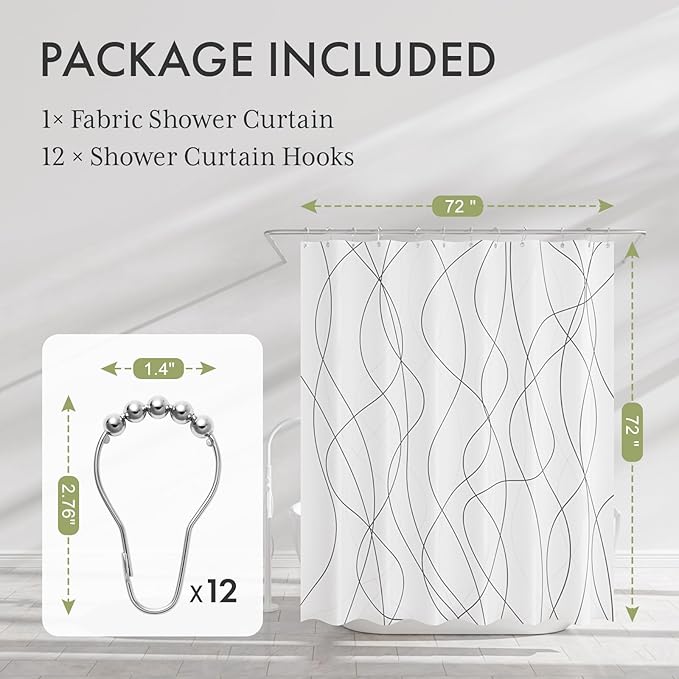 AmazerBath Shower Curtain, Rustic Abstract Black Striped Cloth Shower Curtain Sets with 12 Metal Shower Curtain Hooks, Luxury Washable Farmhouse Fabric Shower Curtains for Bathroom Decor, 72x72 Inches