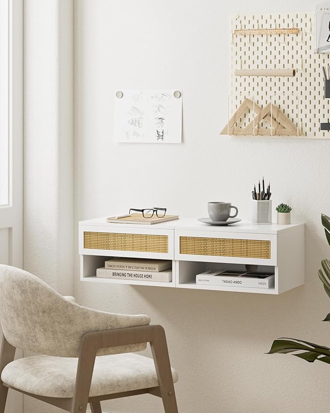 Small Modern Nightstand with Drawer, Floating Shelves for Bedroom, Bathroom (White Rattan)