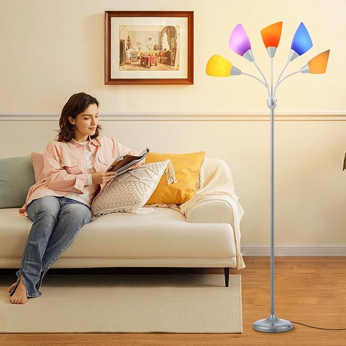 Medusa Floor Lamp, Multi Head 5 Light Floor Lamps for Living Room with 10 Lampshade, Adjustable Neck Reading Standing Lamp for Bedroom,Office,Kids,Classroom (Sliver)