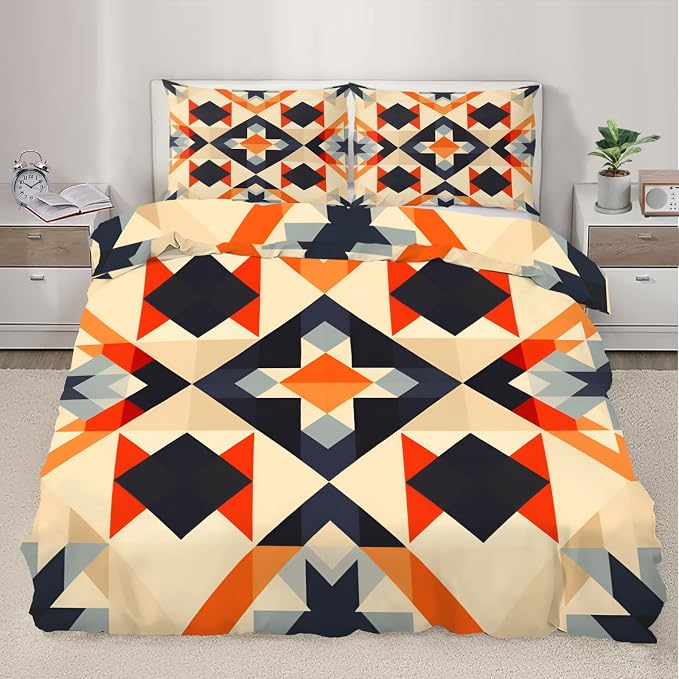 Retro Medieval Duvet Cover King Size, Colorful Geometry Bedding Set 3 Piece Bedroom Decor Vintage Abstract Patterned Comforter Cover with Zipper Ties & 2 Pillowcases