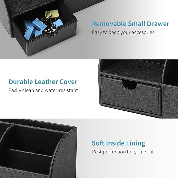 Vlando Office Desk Organizer Leather Desktop Organizer Caddy with Drawer for Storing Desktop Supplies and Accessories (Black)