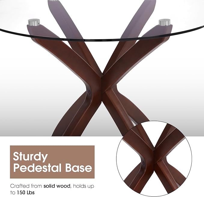 ivinta Small Glass Dining Table for 2-4 People, 31.5-Inch Round Coffee Table with Solid Wood Legs, Mid-Century Modern Kitchen Table for Dining Room, Living Room, Restaurant, CURD-80 (Rustic Brown)