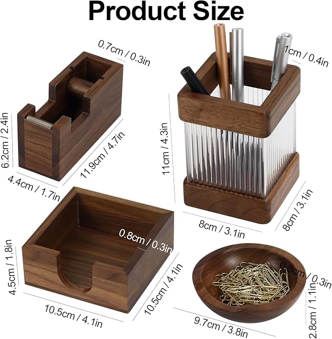 MultiBey 4pcs Walnut Office Supplies Desk Organizers, Wood Sticky Notes Holder Tape Dispenser Cutter Wooden Pencil Cup and Paper Clip Holder for Office Home School