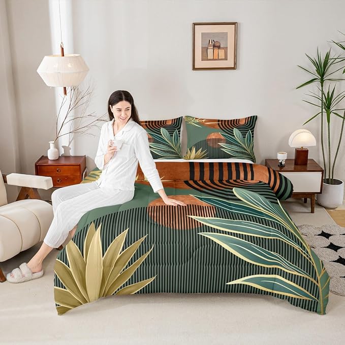 Erosebridal Mid Century Bedding Set King Size Vintage Bohemian Comforter Set,Modern Minimalist Bedding Comforter Sets Abstract Geometric Stripes Art Quilt,Green Orange