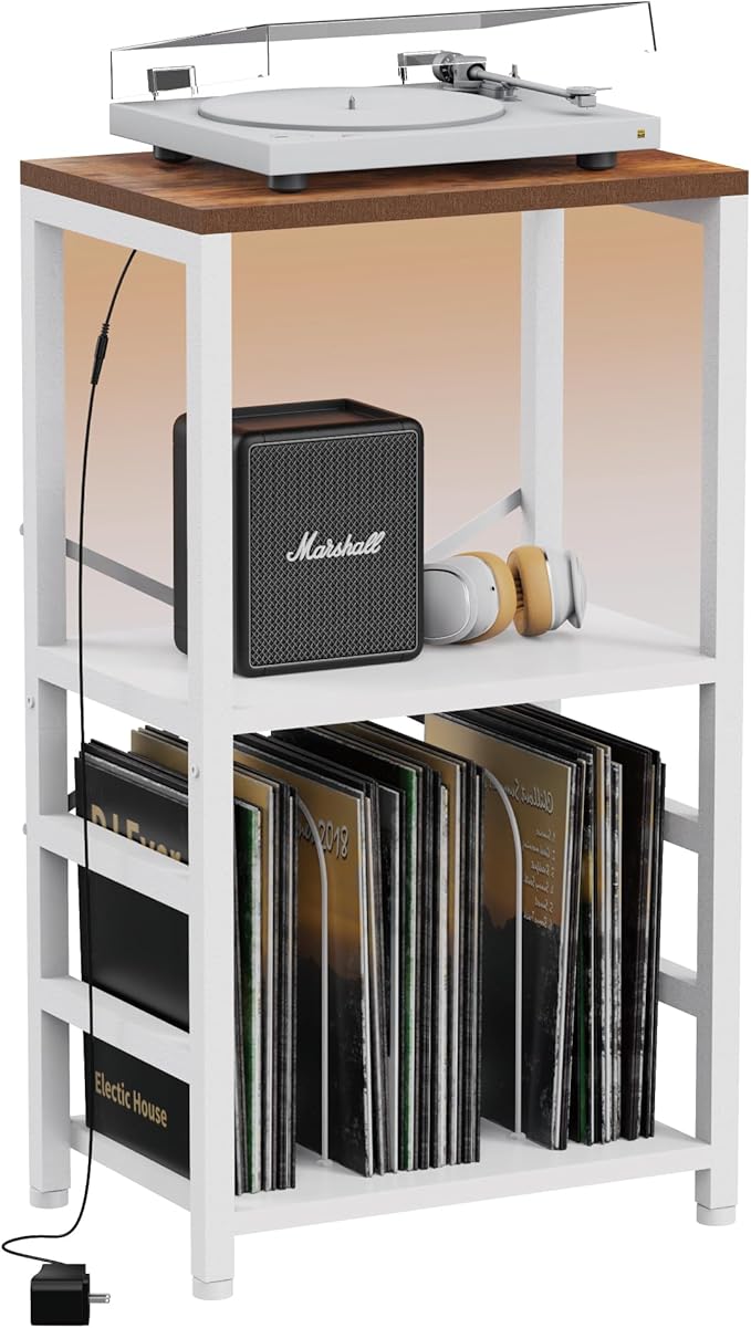 YAKANJ End Table with LED Light,Record Player Stand with Albums Storage,Vinyl Records Storage,Turntable Stand Side Table for Music Room Studio Living Room Bedroom-White