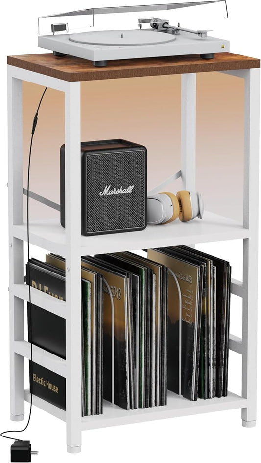 YAKANJ End Table with LED Light,Record Player Stand with Albums Storage,Vinyl Records Storage,Turntable Stand Side Table for Music Room Studio Living Room Bedroom-White