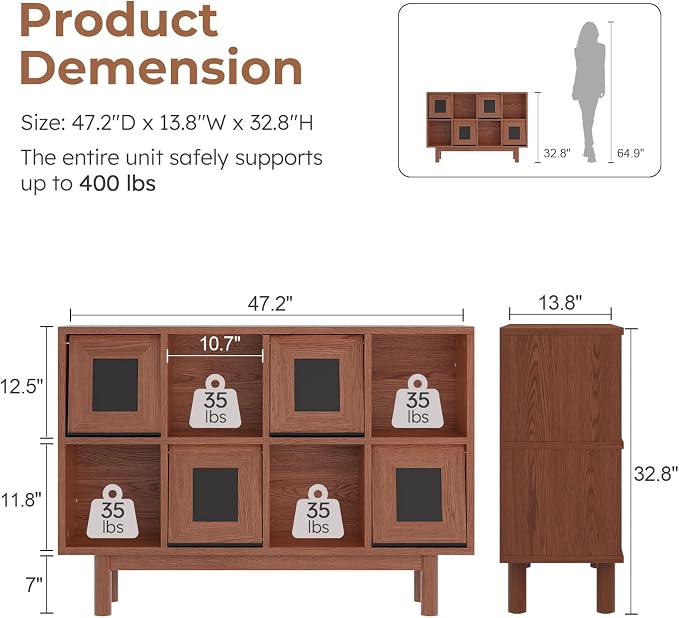 Solid Wood 8 Cube Storage Organizer, Horizontal Bookshelf with Storage, 2 Shelf Bookcase with Glass Doors TV Stand Bookshelf, Small Book Shelf for Kids Rooms, Bedroom, Living Room, Offices (47.2 Wide)