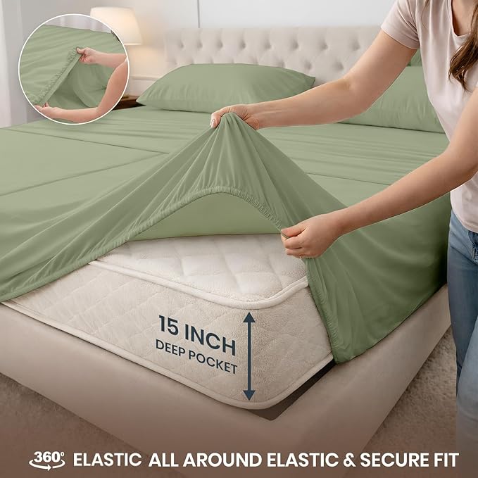 SGI Split King Sheet Set for Adjustable Bed Egyptian Premium Cotton 600 Thread Count Sheets for Sleep Number Bed 15" Deep Pocket 5 Pc Set with 2 Twin XL Fitted Sheets Soft Breathable -Moss