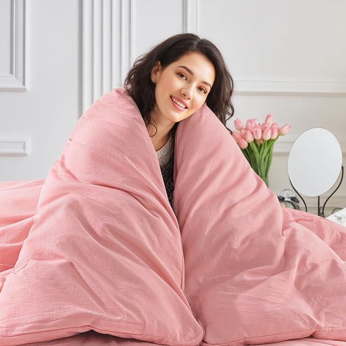 NEXHOME PRO Duvet Cover Queen 100% Washed Cotton, Organic Natural Linen Like Textured, Breathable, Durable, Home Bedding Set, Heathered Pink 9090