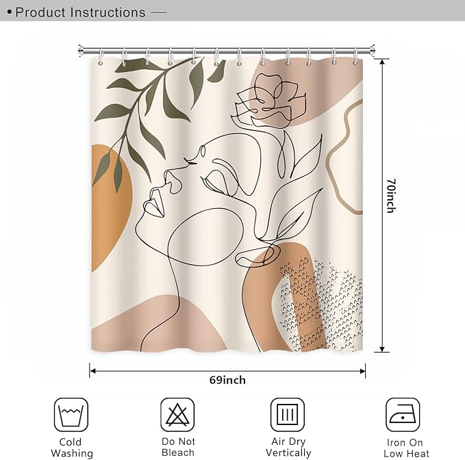 Abstract Woman Face Bathroom Shower Curtain - Mid Century Boho Modern Geometric With Hooks, Polyester Waterproof Fabric, Minimalist Art Line Aesthetic, 69x70 Inch