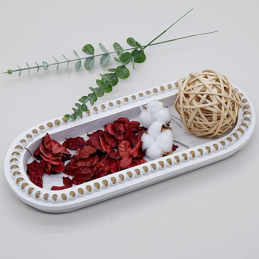 Wood Serving Tray, Wooden Bead Decorative Tray, White Washed Coffee Table Tray for Ottoman, Rustic Distressed Decor for Home, Kitchen, Farmhouse (White)