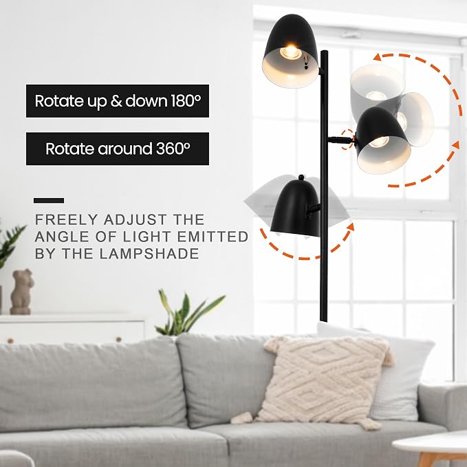 Modern Tree Floor Lamp for Living Room, 3 Lights Industrial Farmhouse Black Standing Tall Pole Lamps with Adjustable Metal Shades 70'' LED Reading Floor Lamps Decor for Bedroom Home Office