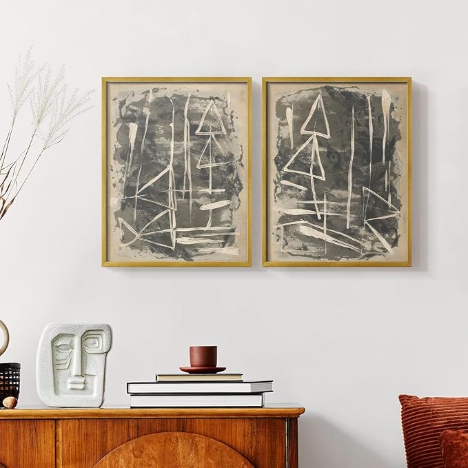 Renditions Gallery Set of 2 Peel & Stick Framed Prints, Trendy Abstract Wall Art, Textured Linework Striking Wall Decor, Re-Stickable - Ready to Hang - 16"x20" - GOLD Frame LT588