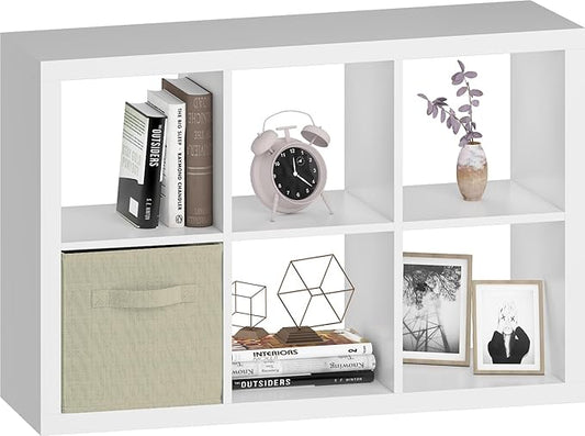 6 Cube Organizer, White Cube Storage Organizer with Fabric Bin, Cube Storage Shelf for Bedroom, Living Room, Office, Modular Bookshelf Organizer for Books, Closet