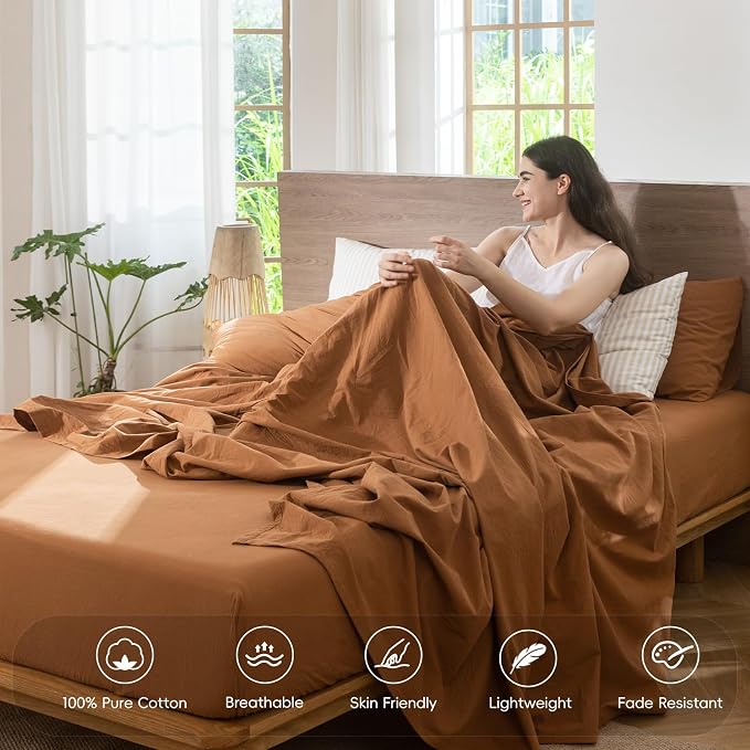MooMee Bedding Sheet Set 100% Washed Cotton Linen Like Textured Breathable Durable Soft Comfy (Solid Dark Orange, Twin)
