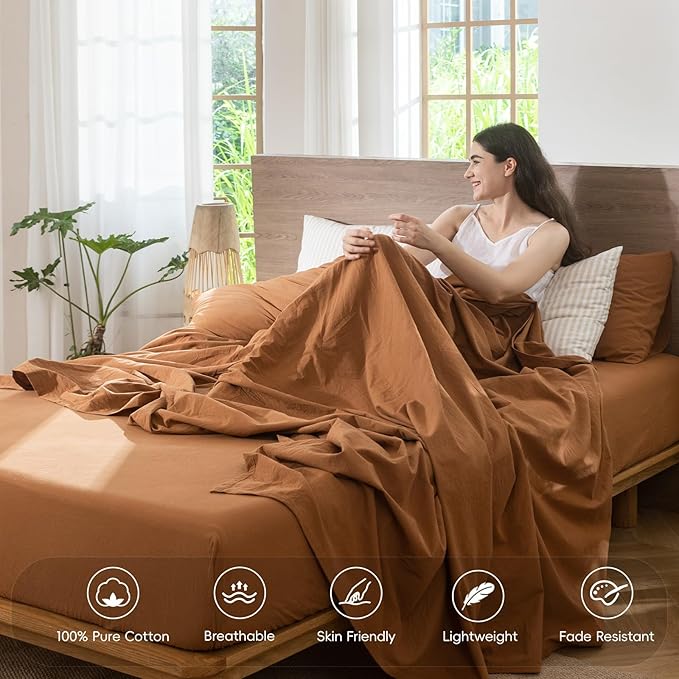 MooMee Bedding Sheet Set 100% Washed Cotton Linen Like Textured Breathable Durable Soft Comfy (Solid Dark Orange, Full)