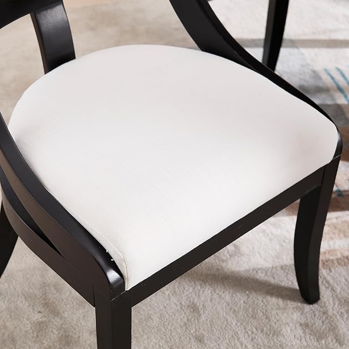 Modern Farmhouse Dining Chairs Set of 2 Mid Century Upholstered Dining Chair with Wooden Curved Back Kitchen Chairs for Dining Room Restaurant Cafe, Black-Linen Beige