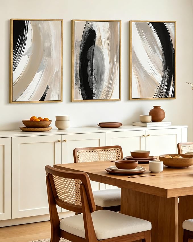KUVIOKE Modern Abstract Framed Wall Art Black Neutral Minimalist Ink and Wash Graffiti Pastel Wall Decor for Bedroom Living Room 24x36in (Natural Framed)