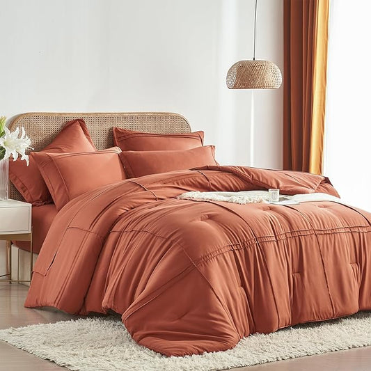 Yogeneg Twin Comforter Set 5 Piece Bed in a Bag,Grid Pinch Pleat Terracotta Bedding Set,Striped Textured Soft Microfiber Comforter with Sheet Set,All Season Complete Bed Set(Terracotta,Twin)