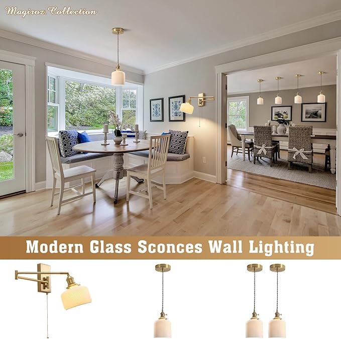 Gold Wall Sconces Set of 2 Modern Brass Swing Arm Wall Lamp with Pull Chain Milk GlassLight Fixture for Bedroom Living Room Hallway MWL14B-2