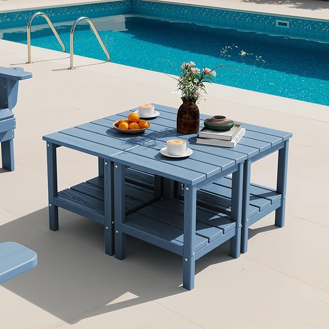SERWALL 2-Tier HDPE Outdoor Side Tables Set of 4, Weatherproof Rectangular Adirondack Side Table, Blue