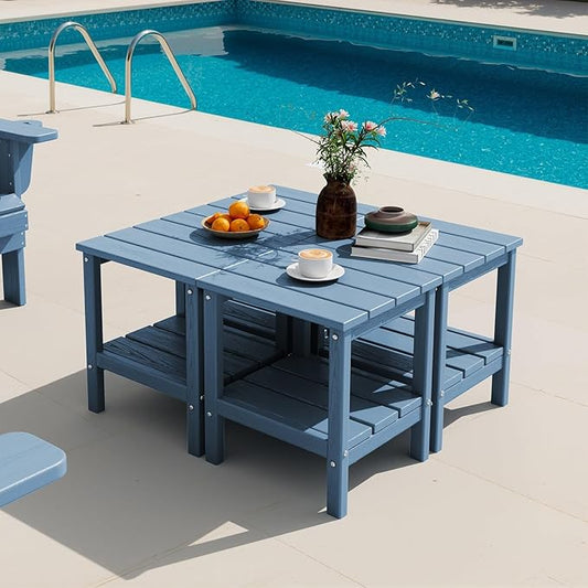SERWALL 2-Tier HDPE Outdoor Side Tables Set of 4, Weatherproof Rectangular Adirondack Side Table, Blue