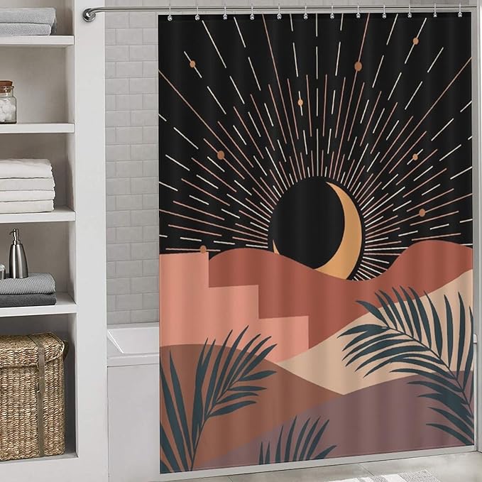 Mid Century Modern Shower Curtain, Boho Aesthetic Moon Phase Green Tropical Palm Leaves Abstract Minimalist Geometic Arch Waterproof Fabric Bathroom Shower Curtain Set with Hooks, 72"x78" Inch