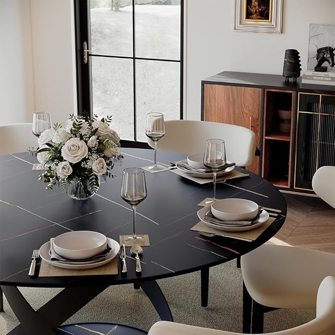 POVISON 60" Round Dining Table for 6, Modern Dining Room Table with Lazy Susan, Matte Black Sintered Stone Dining Tabletop with X-Shape Carbon Steel Base (Table Only)