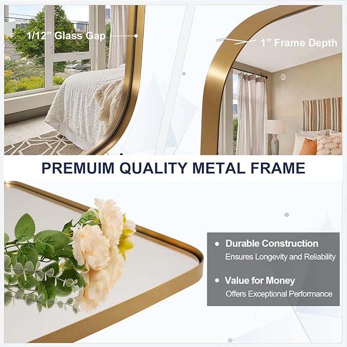 ANDY STAR 18x48 Full Length Wall Mirror, Brushed Gold Oblong Shaped Body Mirror with Stainless Steel Metal Frame, Rounded Corner Design for Floor and Leaning