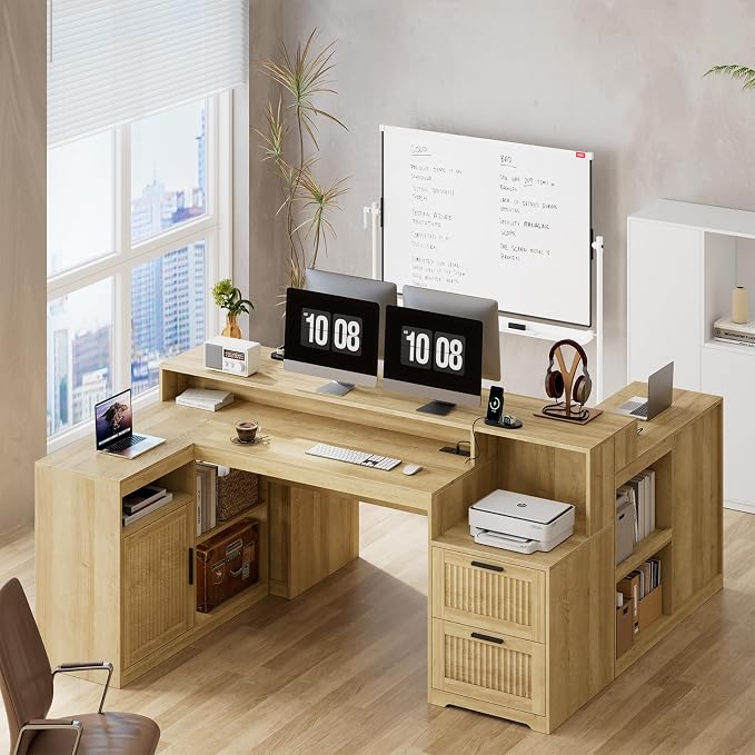 TVU Farmhouse L Shaped Desk with Drawers, 62.2" Home Office Desk with Storage Shelves and Power Outlet, L Shaped Computer Desk with Monitor Stand and Printer Shelf, Oak