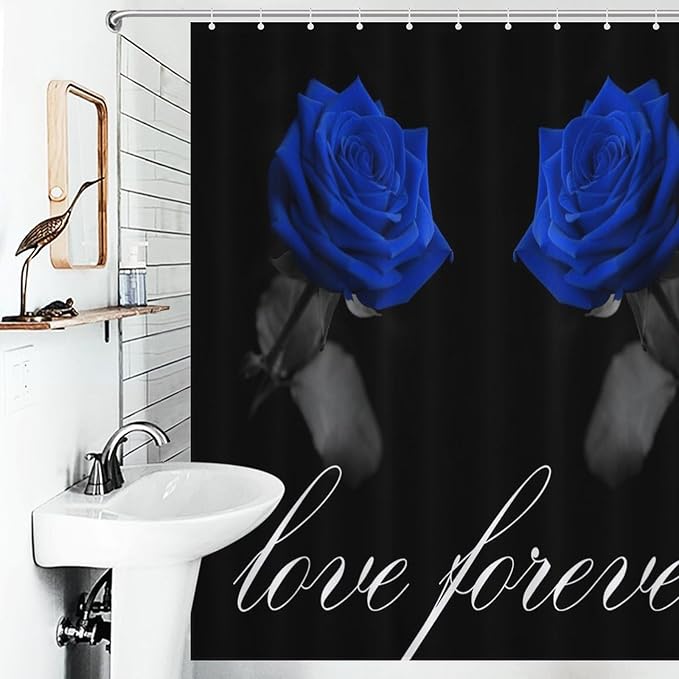 Blue Rose Flower Shower Curtain Vintage Valentine's Day Love Forever Rose Floral Modern Waterproof Shower Curtains for Bathroom Decor 12 Pack Hooks 66x72in（168x183cm）