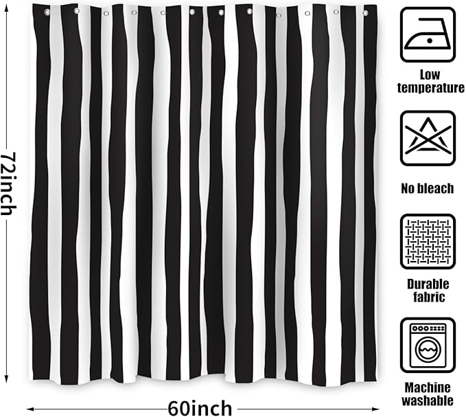 Black and White Shower Curtain, Striped Boho Minimalist Modern Waterproof Fabric Machine Washable for Bathroom Decor Bathtub with Hooks 60Wx72H