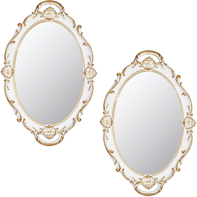 Eaoundm 14.5 x 10 inchs Oval Antique Decorative Wall Mirror Vintage Hanging Mirror (White 2 Pcs)