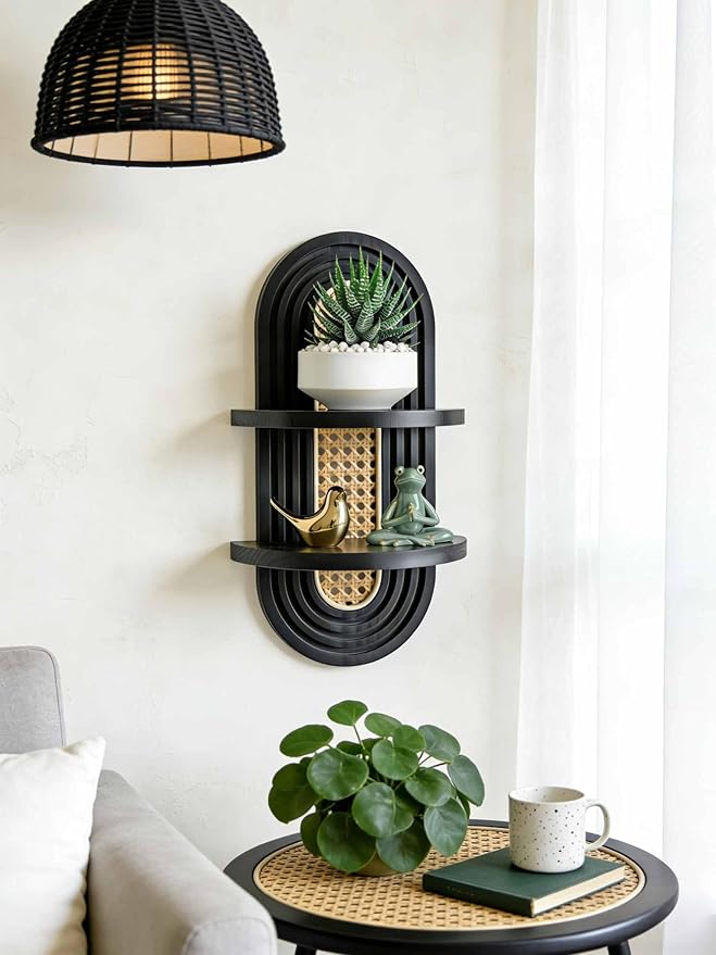 2-Tier Woven Rattan Floating Shelves, Mid-Century Modern Boho Wooden Wall Hanging Decor Plant Shelf for Living Room, Bedroom, Bathroom, Home Office, Ideal for Small Planters & Accents (Black)
