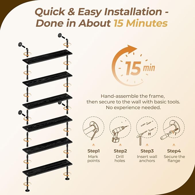 6 Tier Industrial Ladder Shelf Bookcase, Wall Mounted Rustic Bookshelf for Living Room Decor and Storage (Black, 6 Tier - 10" D x 48" W x 82.5" H)