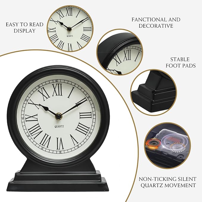 EMAX HOME Black Mantel Clock - Classy Vintage Style Table Clock for Living Room Décor,Silent Non-Ticking Mantel Clocks for Living Room