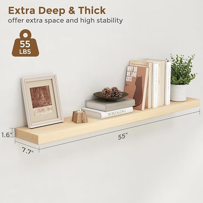 Marsmiles Floating Shelves for Wall - 55 Inch Unfinished Natural Wood Floating Shelves Set of 1-55 Inch Wide x 7.7 Inch Deep x 1.6 Inch Thick Natural Wooden Shelves for Room Wall
