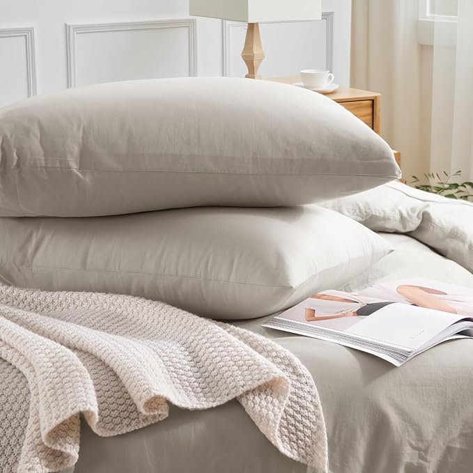 NEXHOME PRO Duvet Cover Twin Size, 100% Washed Cotton Orgnic Linen Like Textured Breathable Durable Comfy, Cream Grey