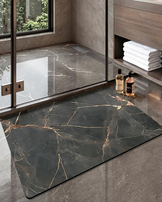 Color&Geometry Gold-Veined Marble-Patterned Bathroom Rug, Ultra-Thin, Non Slip, Washable and Quick Dry Shower Mat, 17"x30" Small Luxury Shower Mat for Bathroom Floor/Outside Shower