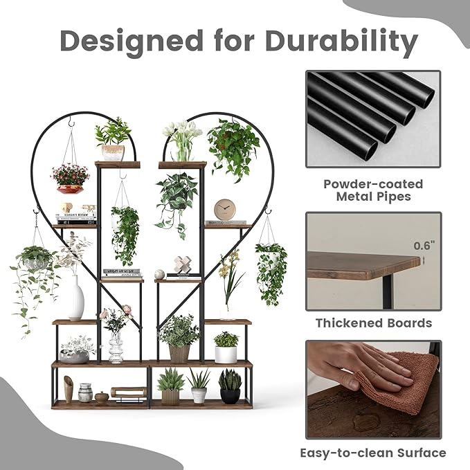 Giantex 6 Tier Tall Plant Stand Indoor, Metal Heart Shaped Plant Shelf for Plants Multiple with 6 Hanging Hooks & 12 Boards, Heavy-duty Metal Frame, Large Ladder Display Rack for Living Room Balcony Patio Art Studio, 2 Pack