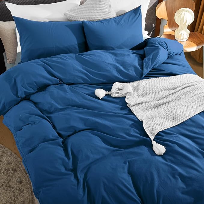 NEXHOME PRO Duvet Cover Set Queen Size Linen Feel Textured Navy Organic Natural 100% Washed Cotton Duvet Cover 3 Pieces Bedding Set with Zipper Closure, Breathable, Soft (No Comforter)