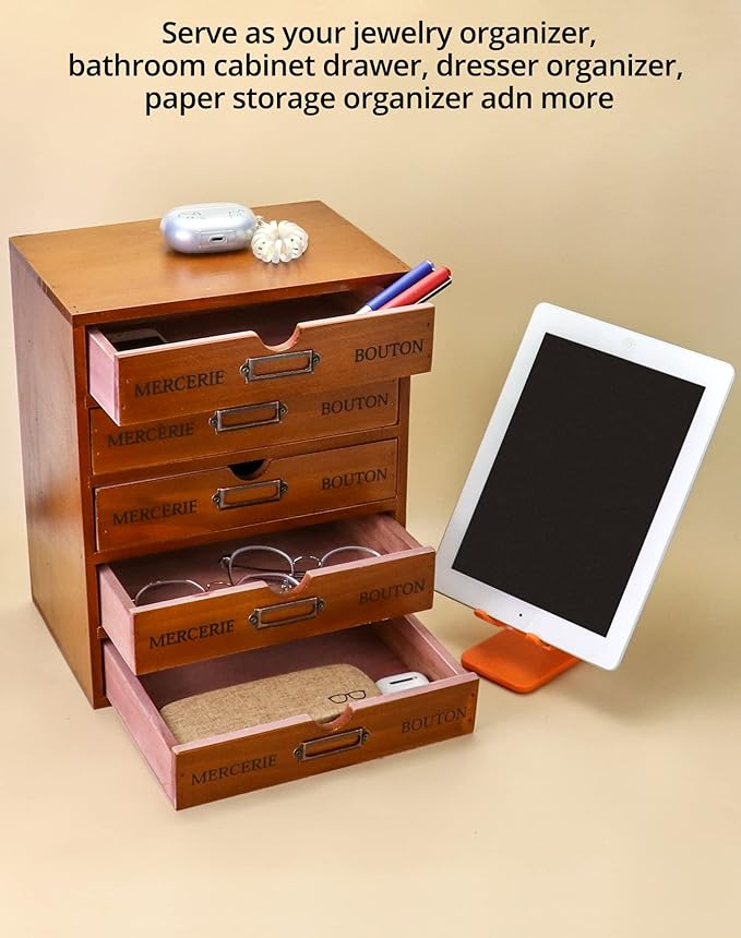 QWORK Vintage Wooden Home Office Desk Organizer with 5 Drawers - Rustic Desktop Storage Box for Jewelry, Cosmetics, Craft Paper & More