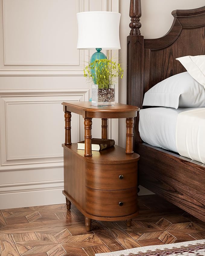 Biaco Solid Wood End Table with 2 Drawers - Caramel Brown Retro Narrow Side Table with Storage Shelf, No Assembly Required Slim Nightstand for Small Spaces/Apartment (23.4"Lx11.4"Wx25.3"H), BG-A508-MG