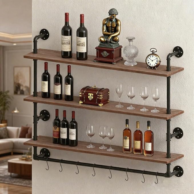 ROGMARS Industrial Floating Pipe Wall Shelves with Towel Rack,30 in Industrial Pipe Shelving Rustic Coffee Bar k Storage Wall Mounted Shelves for Living Room,Bathroom,Kitchen,Laundry Room
