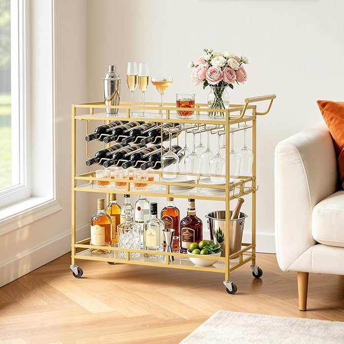 VEVOR Bar Cart, 3 Tiers Home Kitchen Serving Carts, Modern Rolling Utility Station on Wheels, Drink Beverage Trolley with Tempered Glass Shelves, Wine Rack, Glass Holder, for Living Dining Room, Gold