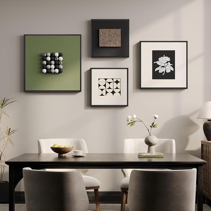 Large Framed Modern Wall Art Decor for Living Room, 4 Piece 3D Textured Minimalist Geometric Artwork for Walls, Sage Green Black and White Paintings Wall Home Decor for Dining Room, Hallway, Bedroom