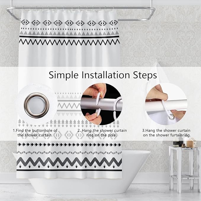 Abstract Pattern Bathroom Shower Curtain White Black Stripes Wave Waterproof Polyester Shower Curtains with Hooks Geometric Shower Curtain for Modern Home Decorative, 72x72 Inch