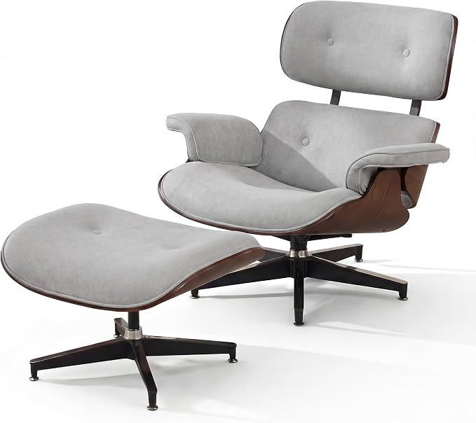 Chaise Lounge Chair with Ottoman, Top Black Grain Leather Recliner Chair, Modern Classic Office Chair with Ergonomic Lumbar Support, Heavy Duty Base Support for Bedroom Living Room Office (Grey)