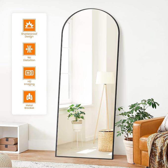 TRAHOME Full Length Arched Mirror, 70"x24" Standing Floor Full Body Mirror for Wall with Aluminum Alloy Frame for Bedroom, Living Room, Dressing Room(Black)